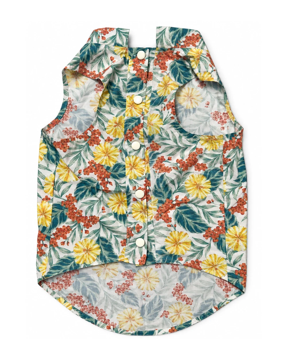 Multicolour floral AVERUNE Thai-inspired beach dog shirt, front view